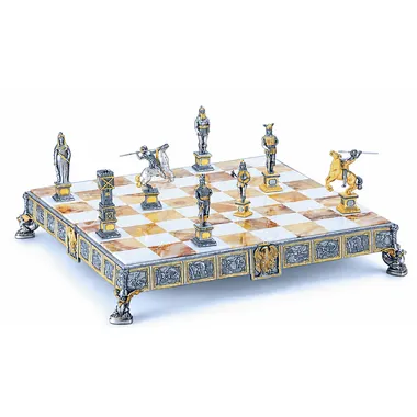 Conjunto "Príncipe Siegfried Herói dos Nibelungos" Tabuleiro de Xadrez e Jogo de Xadrez em Bronze, Ónix e Ouro 24 Quilates