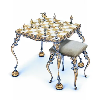 Conjunto "Rei Artur e Guinevere" Mesa de Xadrez e Jogo de Xadrez em Bronze, Ónix e Ouro 24 Quilates