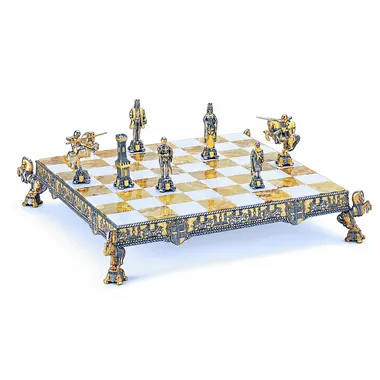 Conjunto "Rei Artur e Guinevere" Tabuleiro de Xadrez e Jogo de Xadrez em Bronze, Ónix e Ouro 24 Quilates