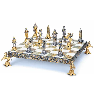Conjunto "Luís XIV o Rei Sol II" Tabuleiro de Xadrez e Jogo de Xadrez em Bronze, Ónix e Ouro 24 Quilates