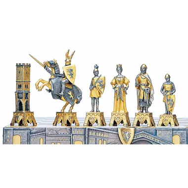 Conjunto "Veneza Medieval" Mesa de Xadrez Quadrada e Jogo de Xadrez em Bronze, Ónix e Ouro 24 Quilates