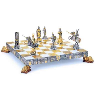 Conjunto "Veneza Medieval" Tabuleiro de Xadrez e Jogo de Xadrez em Bronze, Ónix e Ouro 24 Quilates