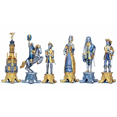 Conjunto XL "Luís XIV o Rei Sol" Mesa de Xadrez Retangular e Jogo de Xadrez em Bronze, Ónix e Ouro 24 Quilates