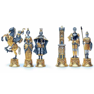 Conjunto XL "Carlos Magno Rei dos Carolíngios vs Mouros de Espanha" Mesa de Xadrez Retangular e Jogo de Xadrez em Bronze, Ónix e Ouro 24 Quilates