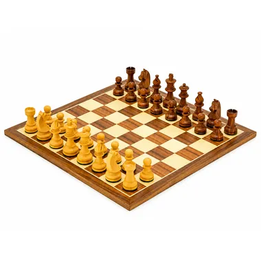 Jogo de xadrez completo Knight Academy, tabuleiro de nogueira e ácer com peças em pau-rosa