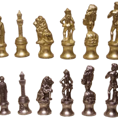 Jogo de xadrez Florentine, fila completa de peças douradas e prateadas