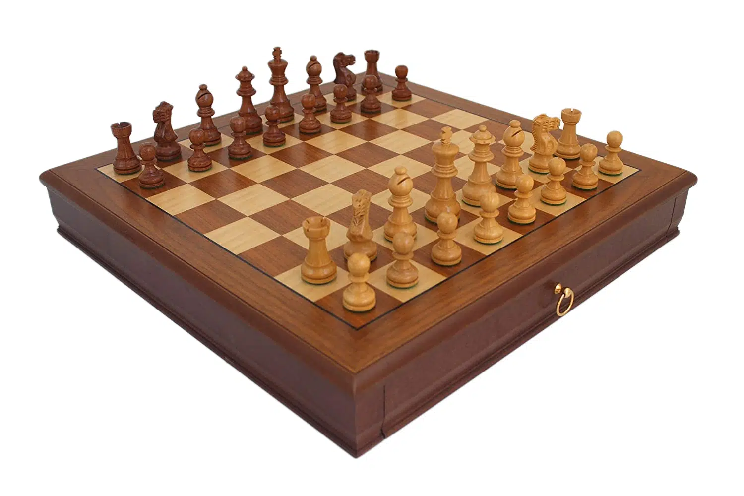 Conjunto "Tilleul Small" Tabuleiro de Xadrez em Nogueira com Gaveta de Arrumação & Jogo de Xadrez Staunton em Madeira
