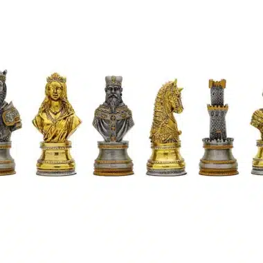 Jogo de Xadrez em Estanho Folheado a Ouro e Prata, Busto Medieval