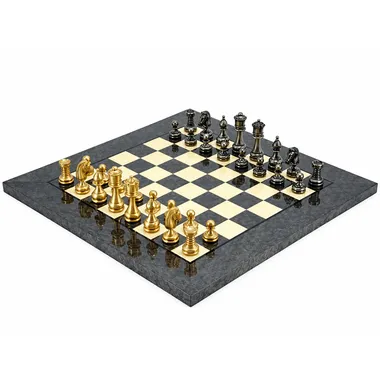 Jogo de xadrez completo Perse II, peças douradas e prateadas em tabuleiro de ácer