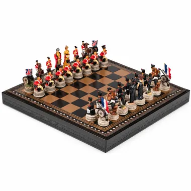 Jogo de xadrez Batalha de Waterloo III, peças inglesas e francesas frente a frente no tabuleiro
