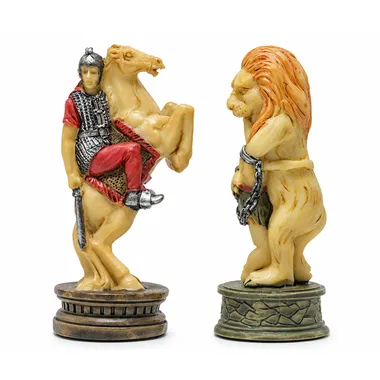 Peças Gladiadores: cavaleiro romano a cavalo e leão acorrentado, detalhe das figuras