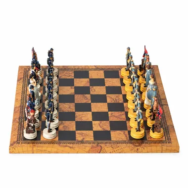 Tabuleiro de xadrez em mapa-múndi de couro sintético com peças da Guerra da Secessão frente a frente