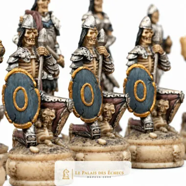 Peões esqueleto com escudos azuis marcados com um zero dourado