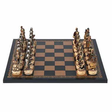 Jogo de xadrez completo de mortos-vivos frente a frente em tabuleiro preto e bronze