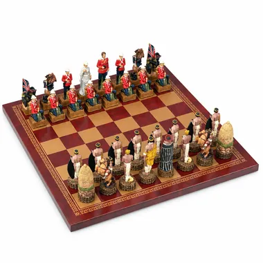 Jogo de xadrez completo Guerra Anglo-Zulu em tabuleiro de couro sintético vermelho, vista geral