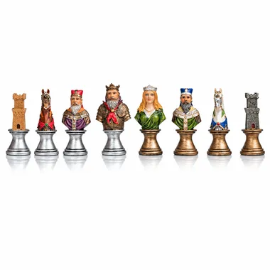 Peças de xadrez Busto Medieval V alinhadas, torre, cavalo, rei, dama, bispo e torre