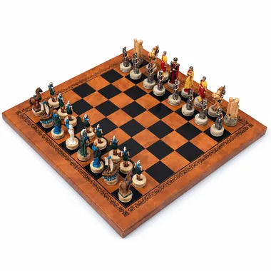 Jogo de xadrez completo Guerra de Troia, tabuleiro em couro sintético e peças em resina pintada