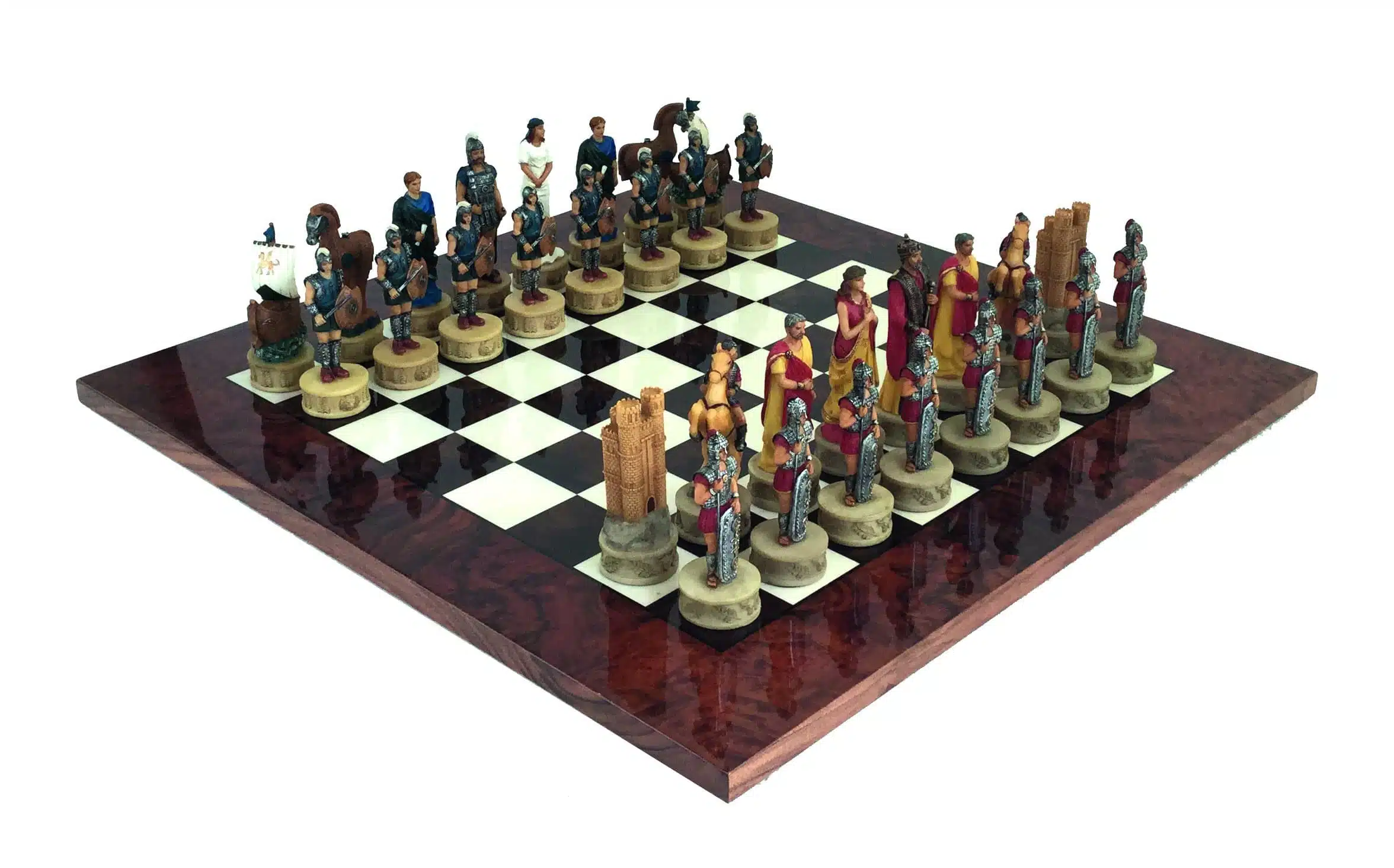 Conjunto Guerra de Troia I Tabuleiro de Xadrez em Raiz de Nogueira Brilhante & Jogo de Xadrez em Resina
