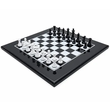 Jogo de xadrez bicolor preto e branco, vista geral sobre o tabuleiro