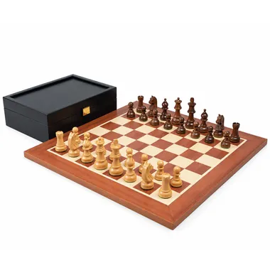 Jogo de xadrez Novice completo com tabuleiro de mogno, peças de acácia e caixa de wenge