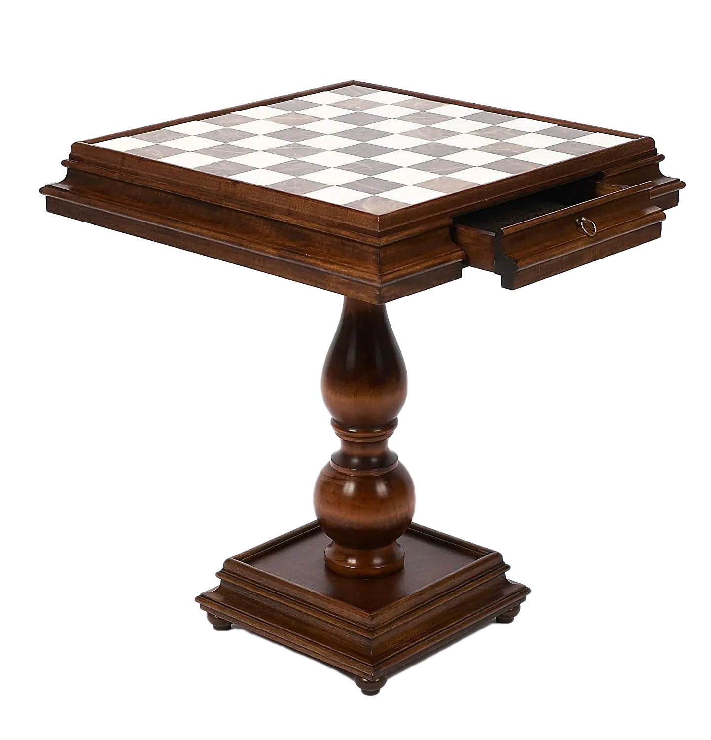 Mesa de Luxo com Tabuleiro de Xadrez e Gaveta de Arrumação em Madeira de Faia e Tampo em Mármore de Carrara e Alabastro da Toscana
