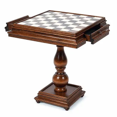 Mesa de xadrez de luxo em faia, gaveta de arrumação aberta, vista lateral