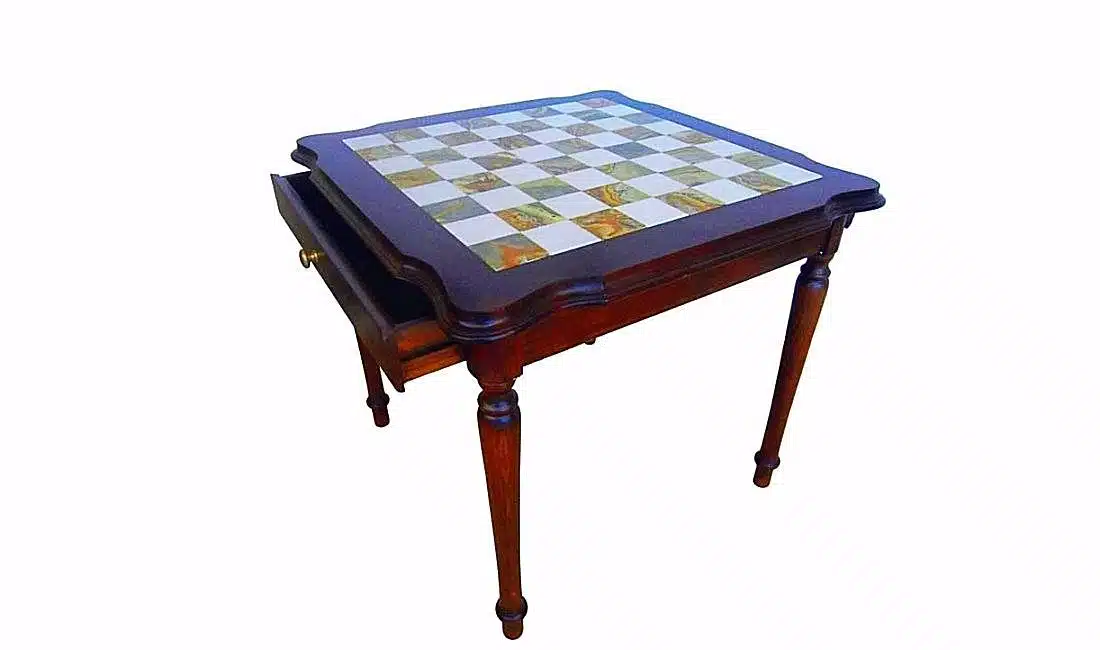 Table "Luxe II" en Bois Massif Plateau en Onyx, Albâtre de Toscane et Marbre de Carrare