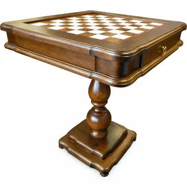 Mesa de xadrez clássica sobre pé central torneado em madeira, vista geral