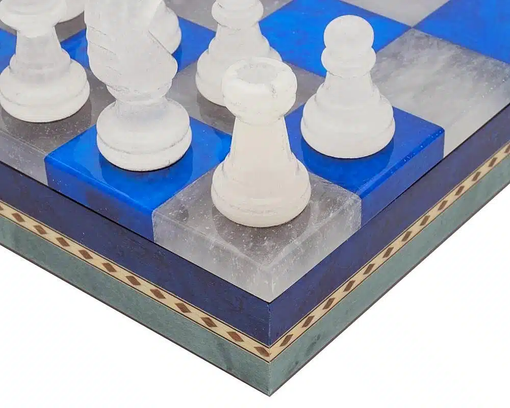 Conjunto Azul e Branco Tabuleiro e Jogo de Xadrez em Mármore Antigo com Caixa de Arrumação - Image 4