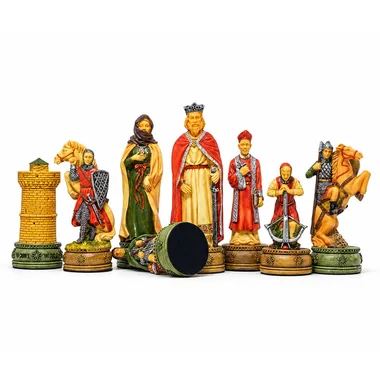 Jogo de xadrez Camelot, conjunto de peças com torre e cavalos pormenorizados