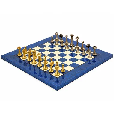 Jogo de xadrez completo com tabuleiro azul de ácer e peças em latão maciço
