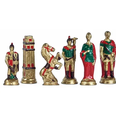 Peças de xadrez em metal pintado, lado romano dourado, torre, cavalo, soldados