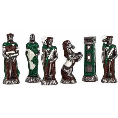 Peças de xadrez em metal pintado, lado bárbaro prateado, torre, cavalo, chefes