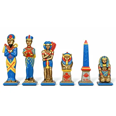 Peças de xadrez Egito em metal pintado, equipa azul e dourada com esfinge e obelisco