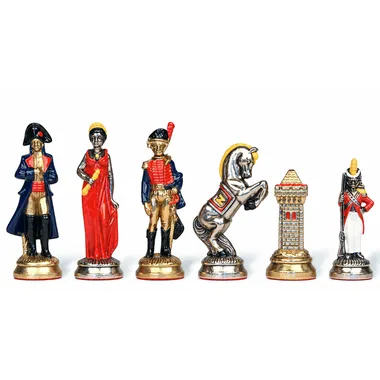 Peças de xadrez Napoleão Waterloo em metal pintado, dama, soldado, cavalo e torre