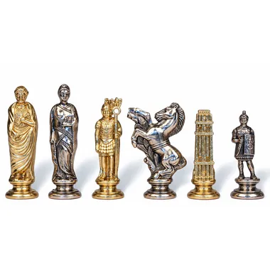Peças de xadrez César II em metal maciço com acabamento prateado e dourado
