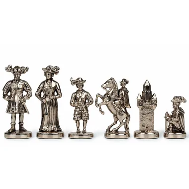 Peças em metal prateado Lanzichenecchi, dama, bispo, cavalo e torre
