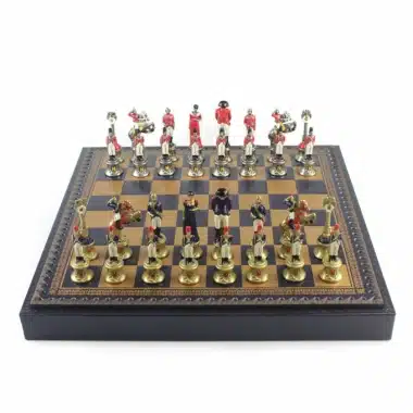Conjunto Napoleão III Tabuleiro em Couro Sintético & Jogo de Xadrez em Metal Maciço Pintado à Mão