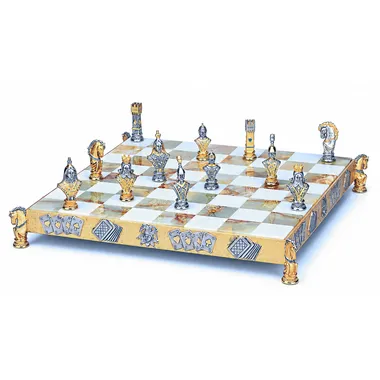 Conjunto "Poker I" Tabuleiro de Xadrez e Jogo de Xadrez em Bronze, Ónix e Ouro 24 Quilates