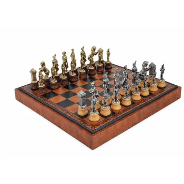 Jogo de xadrez completo Napoleão com tabuleiro castanho e caixa de arrumação, vista geral