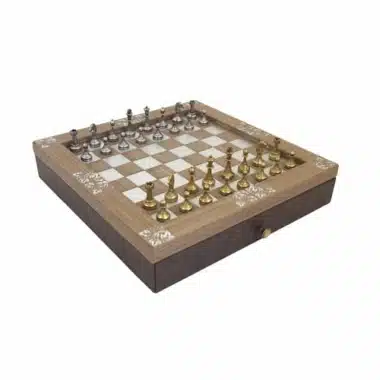 Conjunto Arabesque Tabuleiro de Xadrez em Madeira com Gaveta de Arrumação e Jogo de Xadrez Staunton em Metal