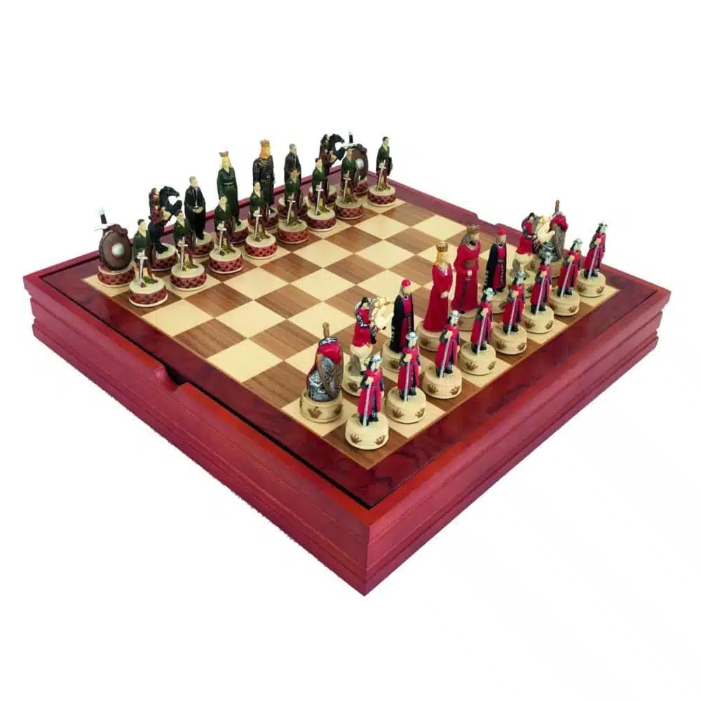 Jogo de Xadrez Ingleses Contra Escoceses e Tabuleiro de Madeira com Arrumação
