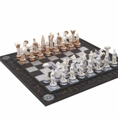 Jogo de Xadrez Mitologia Grega Pintado à Mão e Tabuleiro Grego Preto e Branco