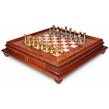 Jogo de xadrez Grand Staunton completo em tabuleiro de madeira de raiz com gaveta