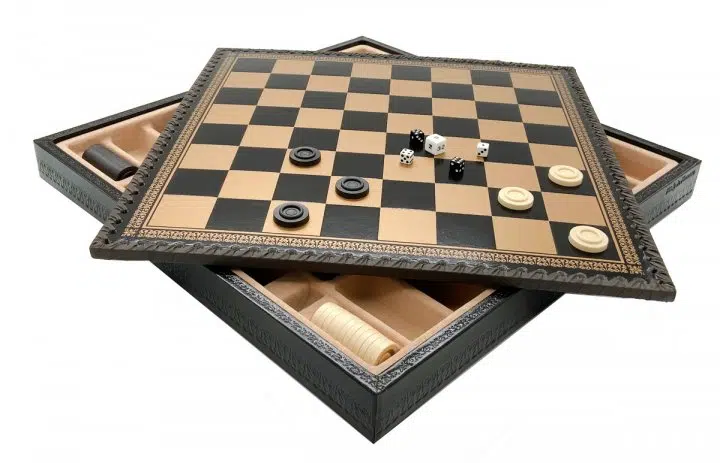 Jeu d'Échecs Contemporain - Échiquier et Backgammon à rangement en similicuir & Pièces en métal