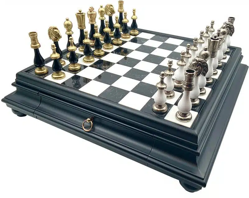Jeu d'Échecs Arabesque - Échiquier Bois et Albâtre série noire avec tiroir & Pièces en métal et bois laqué
