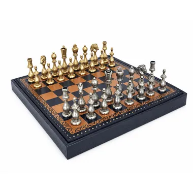 Jogo de xadrez Arabesque completo com peças em metal dourado e prateado
