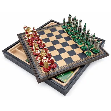 Jogo de xadrez Camelot completo em tabuleiro de couro sintético com caixa de arrumação