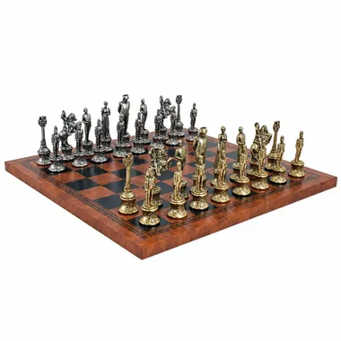 Jogo de xadrez Napoleão completo sobre tabuleiro de couro sintético castanho e preto