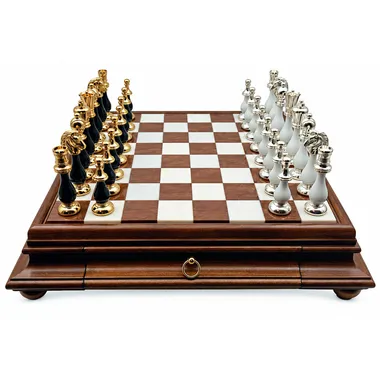 Jogo de xadrez Grand Oriental completo em tabuleiro de madeira e alabastro com gaveta